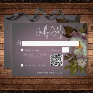 Cartons Réponse Dark Moody Mauve Floral Moderne Mariage QR Code