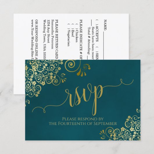 Cartons Réponse Dark Teal & Gold Elegant Lacy Calligraphy Wedding (Devant / Derrière)
