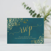 Cartons Réponse Dark Teal & Gold Elegant Lacy Calligraphy Wedding (Debout devant)