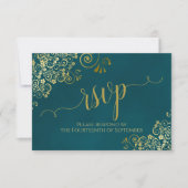 Cartons Réponse Dark Teal & Gold Elegant Lacy Calligraphy Wedding (Devant)