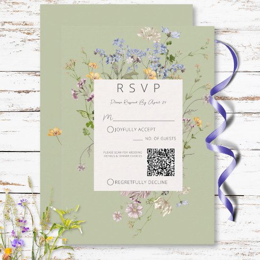 Cartons Réponse Delicate Boho Wildflowers vert QR Code Mariage