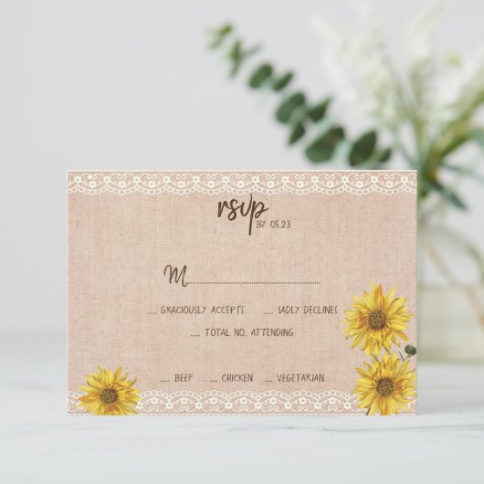 Cartons Réponse Dentelle rustique & Burlap Sunflowers Mariage Cart (Debout devant)