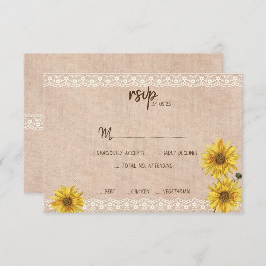 Cartons Réponse Dentelle rustique & Burlap Sunflowers Mariage Cart (Devant / Derrière)