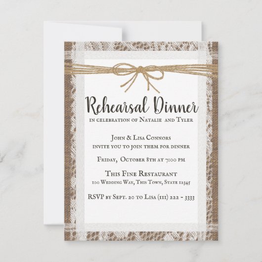 Cartons Réponse Dentelle rustique et dîner de répétition Burlap (Devant)