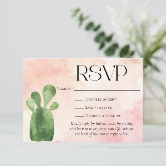 Cartons Réponse Desert Green Cactus Site Mariage QR Code (Debout devant)