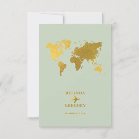 Cartons Réponse Destination Mariage Monde Passport Sage Vert Or (Devant)