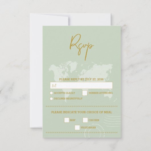 Cartons Réponse Destination Mariage Monde Passport Sage Vert Or (Dos)