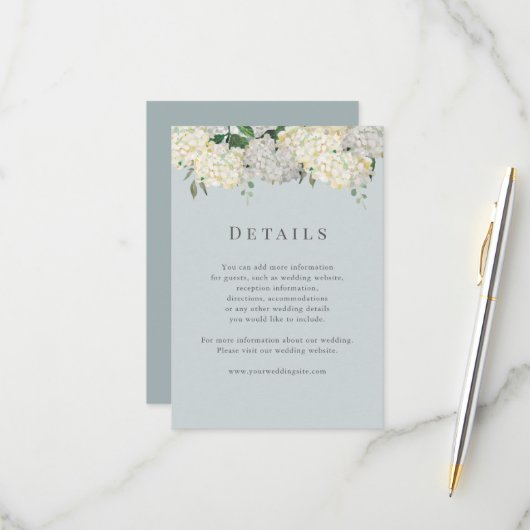 Cartons Réponse Détails de mariage aux hortensias bleu poussiéreux (Devant/Arrière en situation)