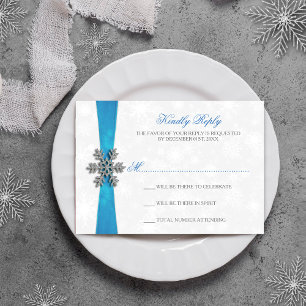 Cartons Réponse Diamante Snowflake & Blue Ribbon Mariage d'hiver