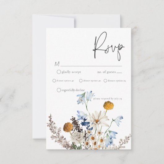 Cartons Réponse Dîner Rustique Dusty Blue Fleurs sauvages & Daisys (Devant)