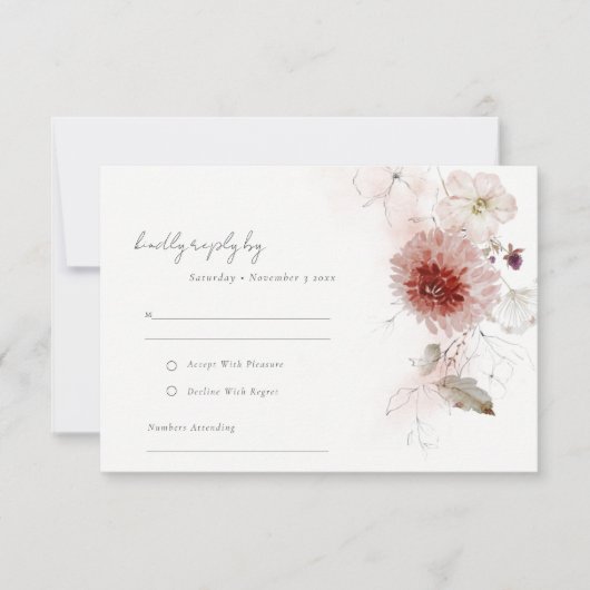 Cartons Réponse Dusky Fall Marsala Blush Floral Mariage Réception (Devant)