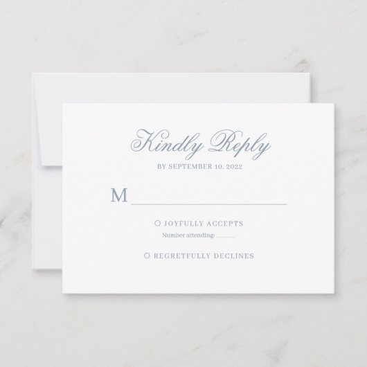Cartons Réponse Dusty Blue Classic Calligraphie Script Mariage Rsv (Devant)