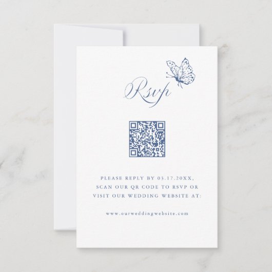 Cartons Réponse Dusty Blue Elegant Calligraphy Wedding QR Code (Devant)
