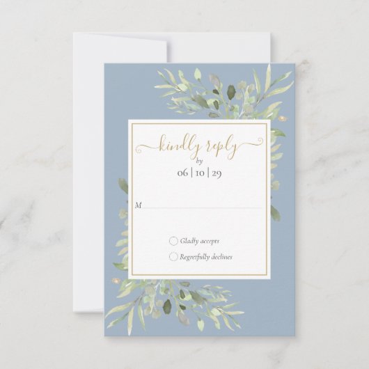 Cartons Réponse Dusty Blue Greenery Gold Mariage de script géométr (Devant)