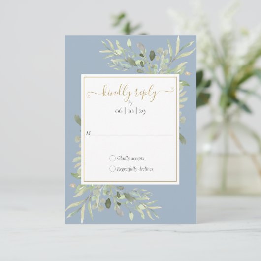 Cartons Réponse Dusty Blue Greenery Gold Mariage de script géométr (Debout devant)