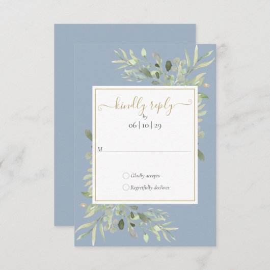 Cartons Réponse Dusty Blue Greenery Gold Mariage de script géométr (Devant / Derrière)