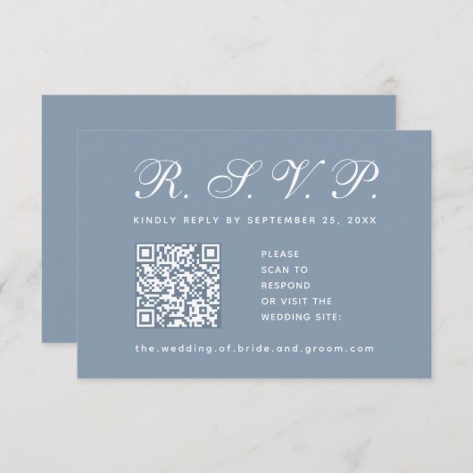 Cartons Réponse Dusty Blue Mariage QR Code Calligraphie simple (Devant / Derrière)