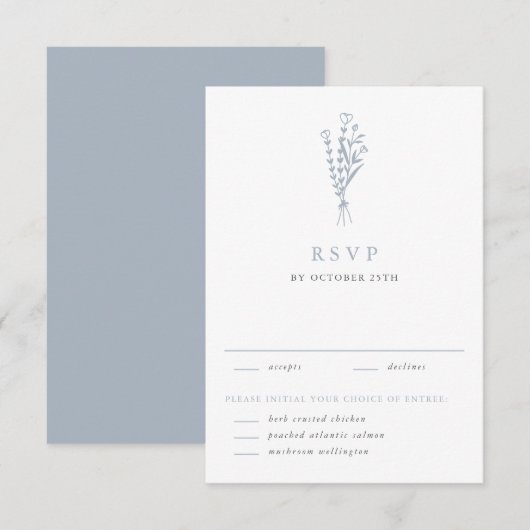 Cartons Réponse Dusty Blue Minimalist Floral Bouquet Mariage (Devant / Derrière)