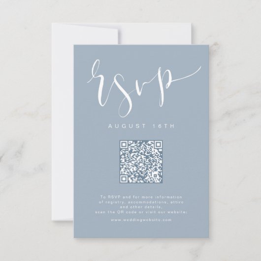Cartons Réponse Dusty Blue Modern Script simple mariage code QR (Devant)