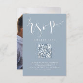 Cartons Réponse Dusty Blue Modern Script simple mariage code QR (Devant / Derrière)