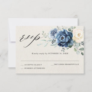 Cartons Réponse Dusty Blue Navy Champagne Ivory Floral Mariage RSV