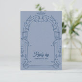 Cartons Réponse Dusty Blue Ornate Arch Botanical Wedding Reply  (Debout devant)