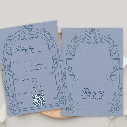 Cartons Réponse Dusty Blue Ornate Arch Botanical Wedding Reply 