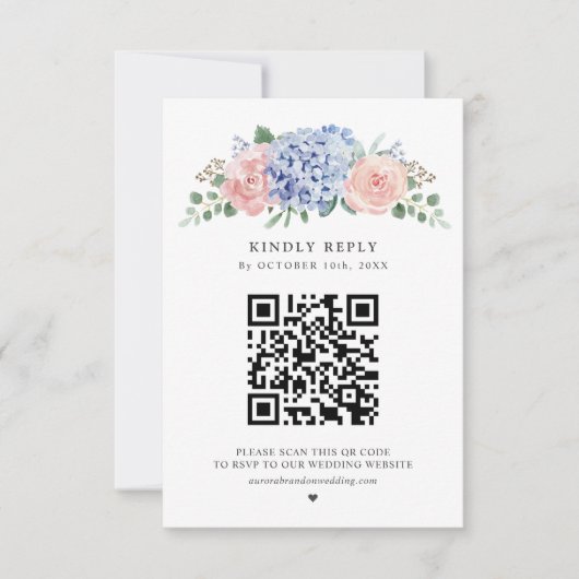Cartons Réponse Dusty Blue Pastel Pink hydrangeas Mariage QR Code (Devant)