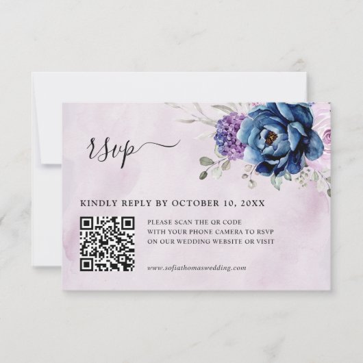 Cartons Réponse Dusty Blue Purple Navy Lilac Blooms Mariage QR (Devant)