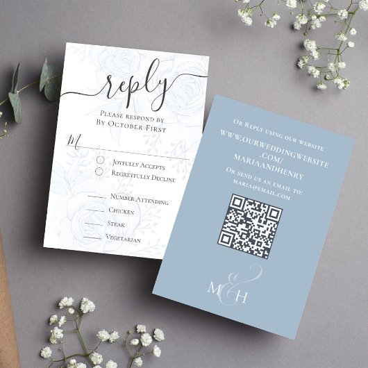 Cartons Réponse Dusty Blue QR Code Floral Classic Repas Choix