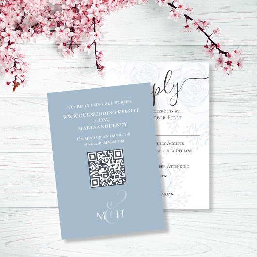Cartons Réponse Dusty Blue QR Code Floral Classic Repas Choix