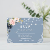 Cartons Réponse Dusty Blue Rose Floral Lights Repas Mariage (Debout devant)