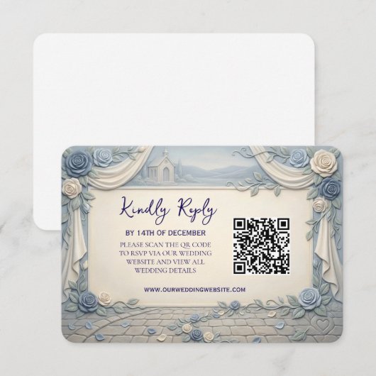 Cartons Réponse Dusty Blue Rose QR Code Wedding  (Devant / Derrière)