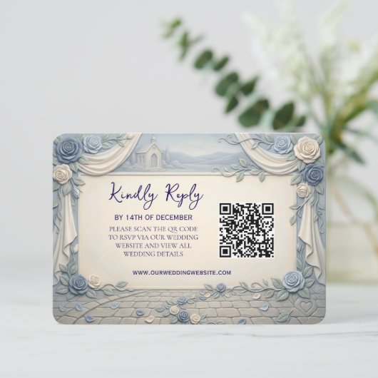 Cartons Réponse Dusty Blue Rose QR Code Wedding  (Debout devant)