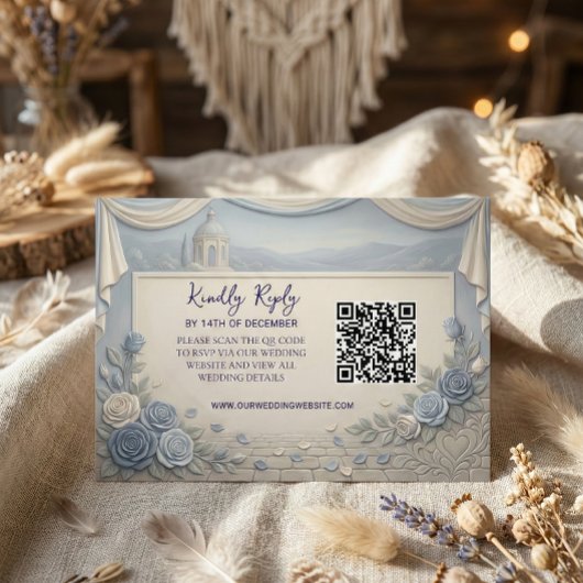 Cartons Réponse Dusty Blue Rose Romantic Wedding QR Code 
