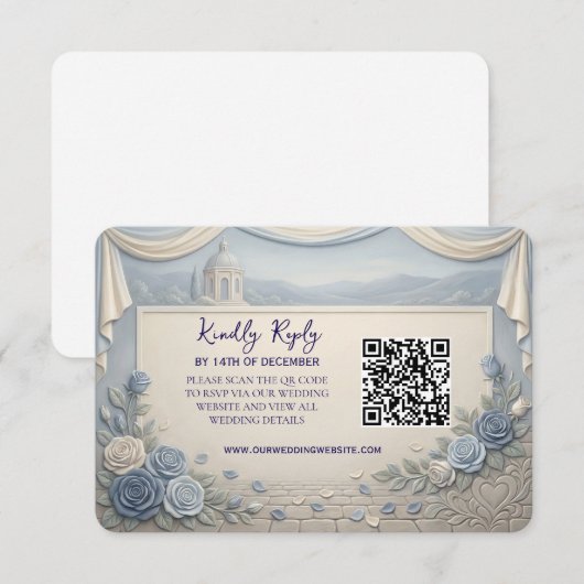 Cartons Réponse Dusty Blue Rose Romantic Wedding QR Code  (Devant / Derrière)