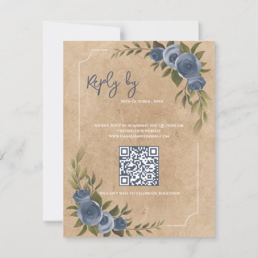 Cartons Réponse Dusty Blue Rose Rustic Mariage avec code QR (Dos)