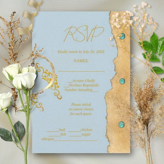 Cartons Réponse Dusty Blue Rustic Boho Gold Turquoise Wedding