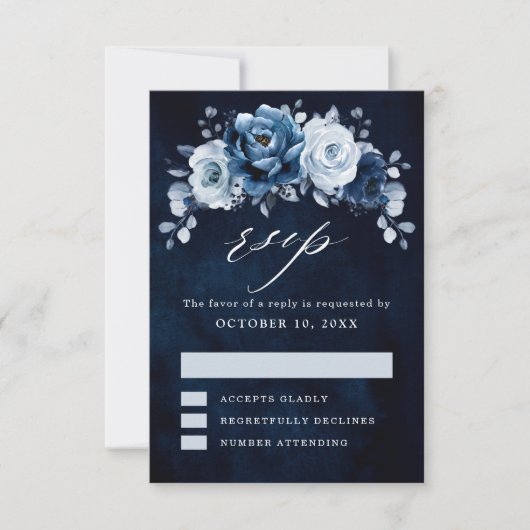 Cartons Réponse Dusty Blue Slate Navy Floral Botanal Mariage RSV (Devant)