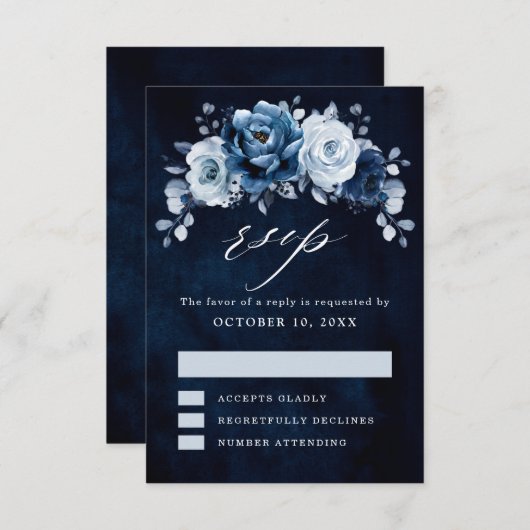 Cartons Réponse Dusty Blue Slate Navy Floral Botanal Mariage RSV (Devant / Derrière)