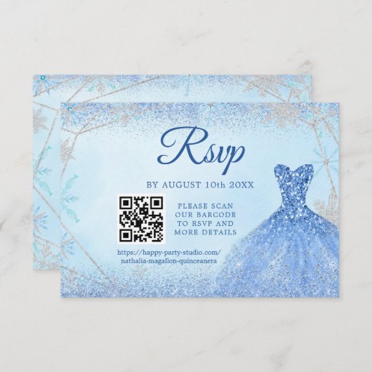 Cartons Réponse Dusty Blue Snowflake Noël Quinceañera 15e QR (Devant / Derrière)
