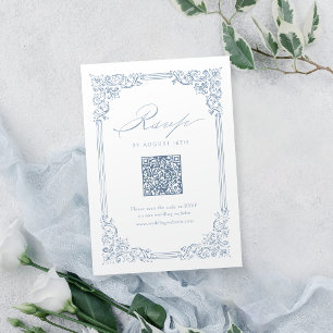 Cartons Réponse Dusty Blue Vintage Frame Elegant QR Code Mariage