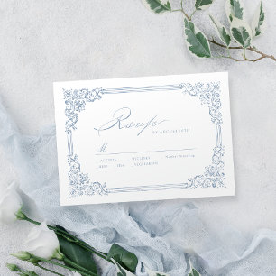 Cartons Réponse Dusty Blue Vintage Frame Elegant Script Mariage