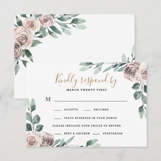 Cartons Réponse Dusty Rose 2 Repas Choix Vert Mariage Floral (Devant / Derrière)