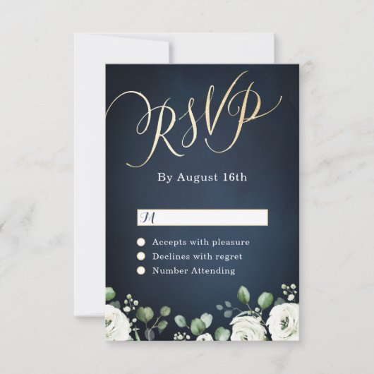 Cartons Réponse Écriture or moderne marine bleu blanc mariage flor (Devant)