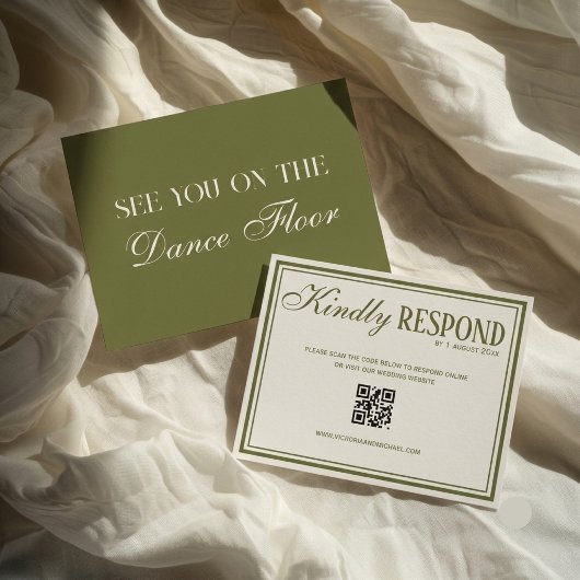 Cartons Réponse Élégance Mariage Code QR Vert Olive et Ivoire
