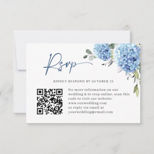 Cartons Réponse Elégant aquarelle bleu Hydrangea Mariage code QR (Devant)