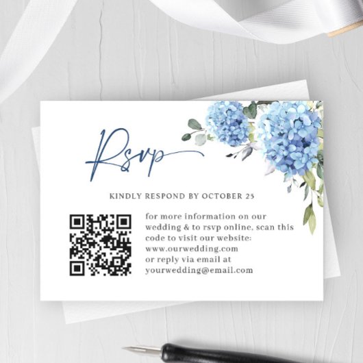 Cartons Réponse Elégant aquarelle bleu Hydrangea Mariage code QR