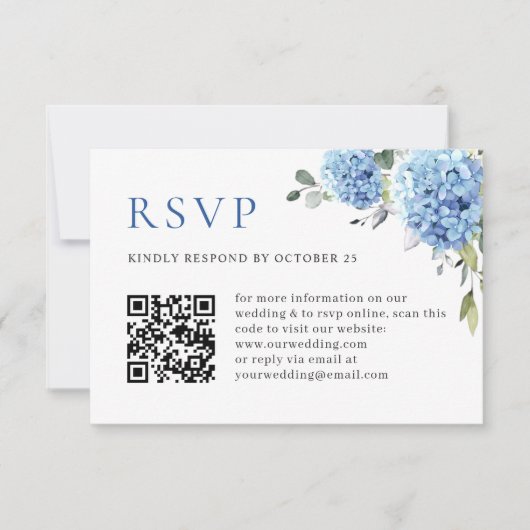 Cartons Réponse Elégant aquarelle bleu Hydrangea Mariage code QR (Devant)