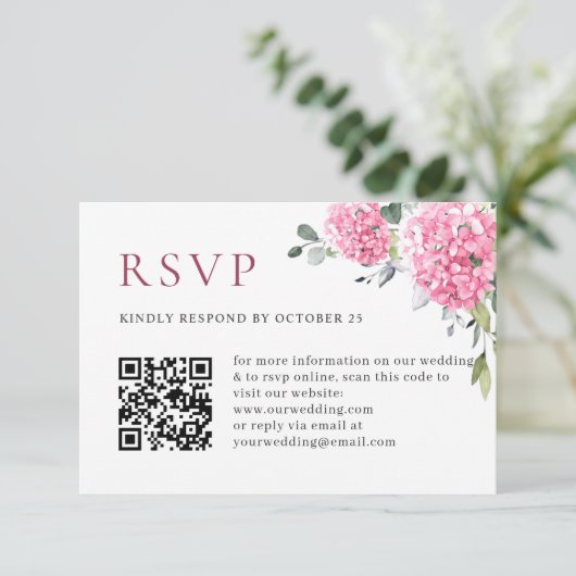 Cartons Réponse Elégant aquarelle rose Hydrangea QR code Mariage (Debout devant)